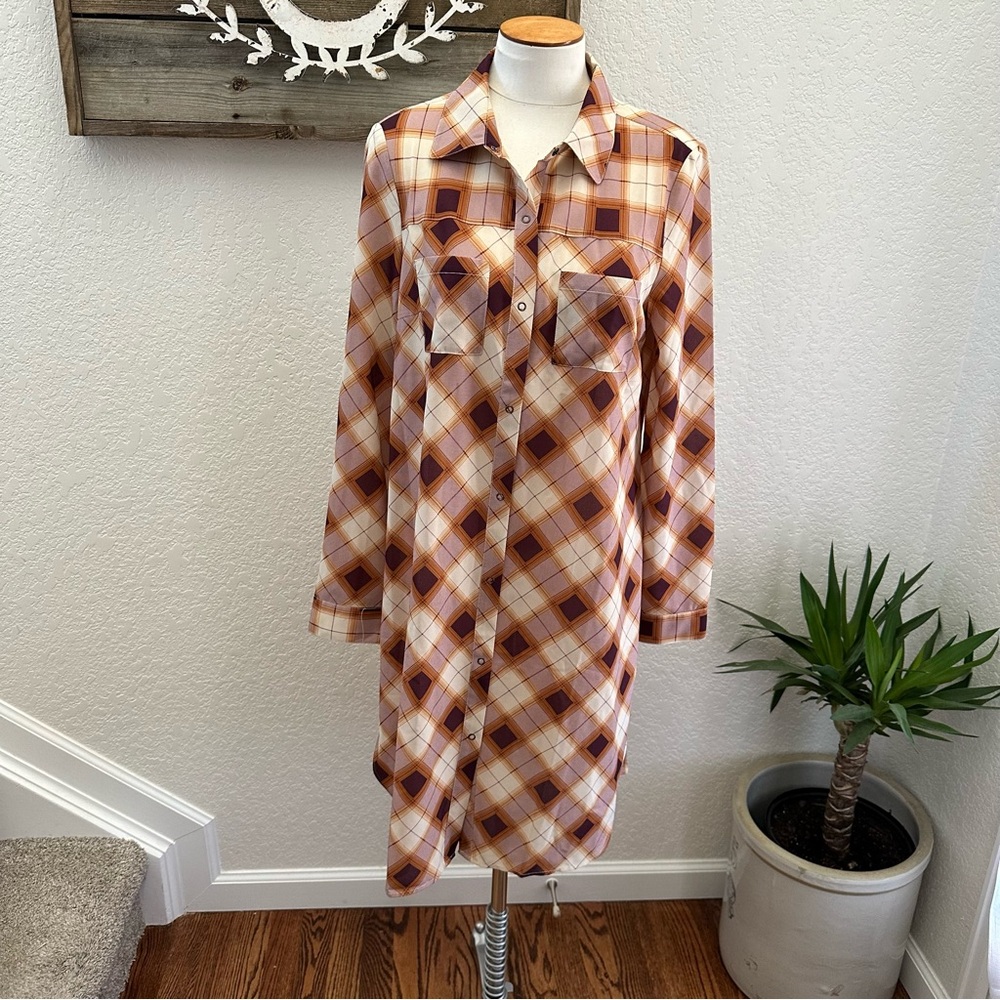 Prana plaid snap front tunic dress long sleeve ladies size‎ Medium